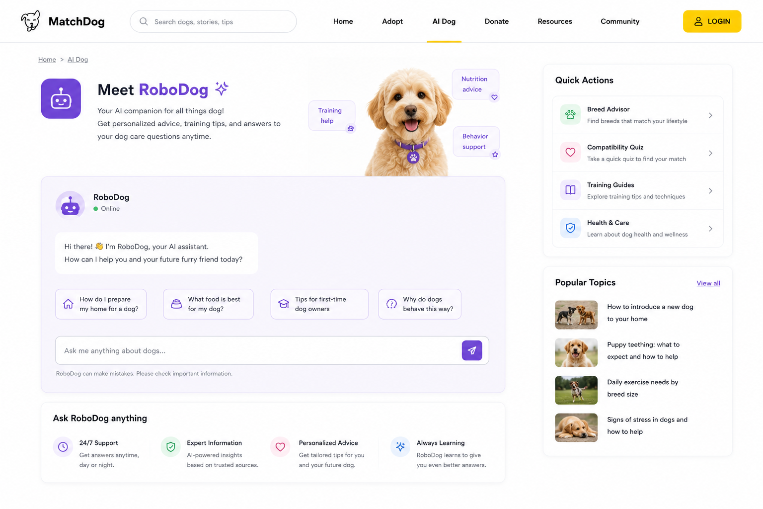 MatchDog RoboDog AI assistant answering dog-care questions