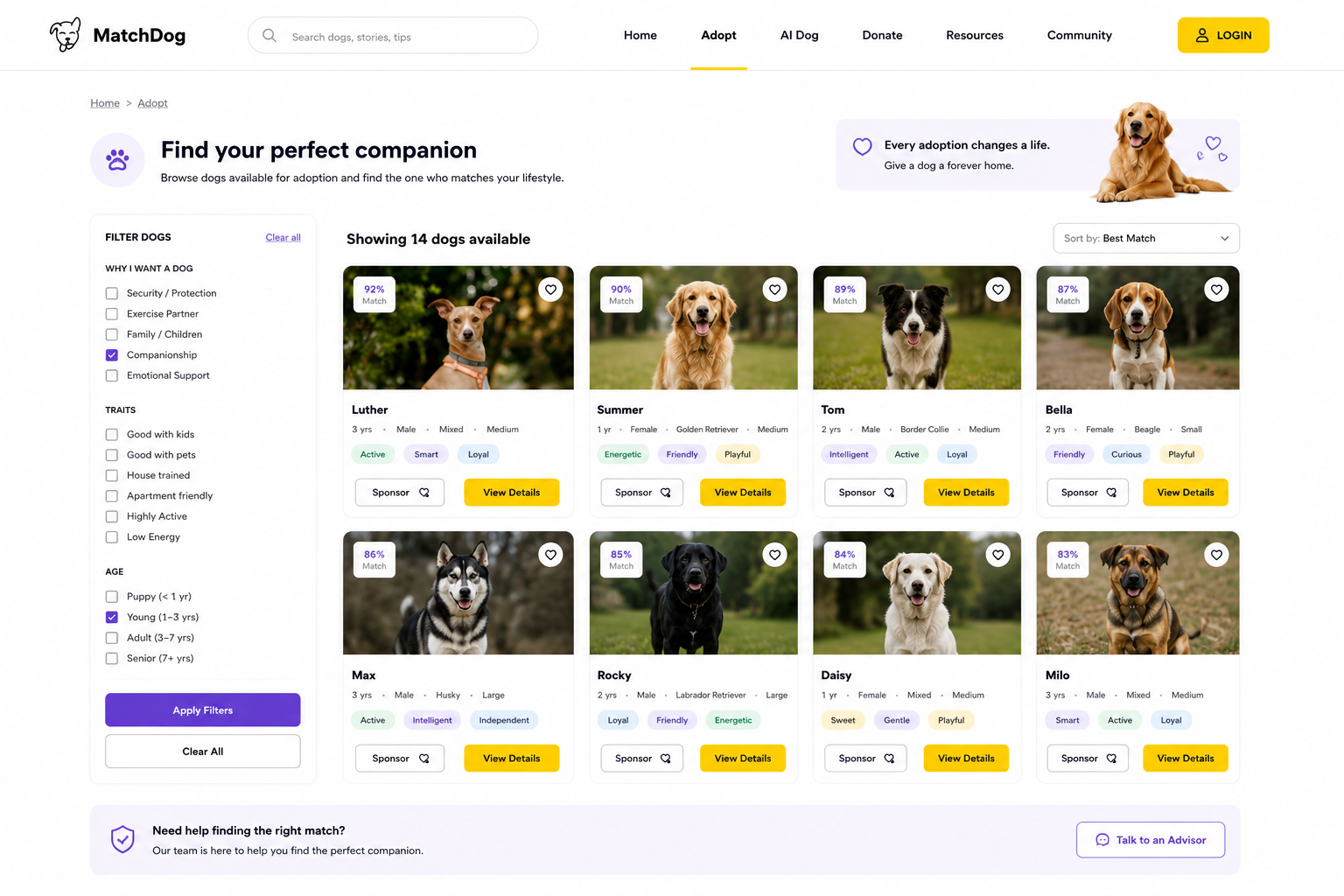 MatchDog dog browsing and filtering view