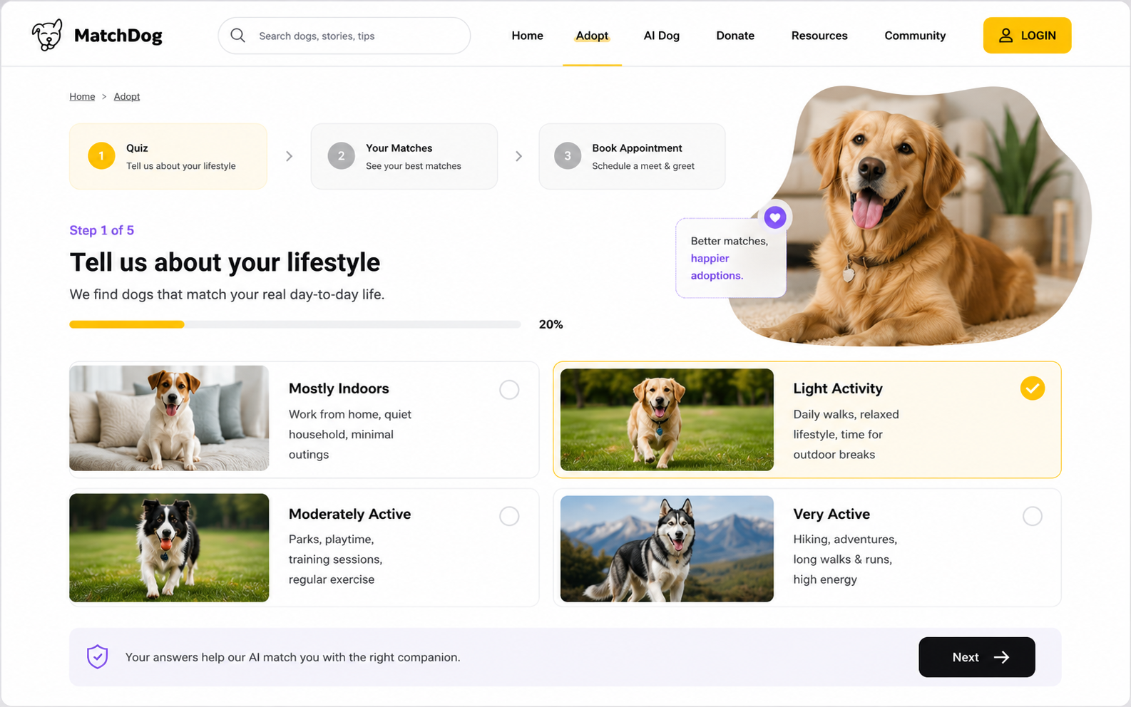 MatchDog lifestyle match quiz step