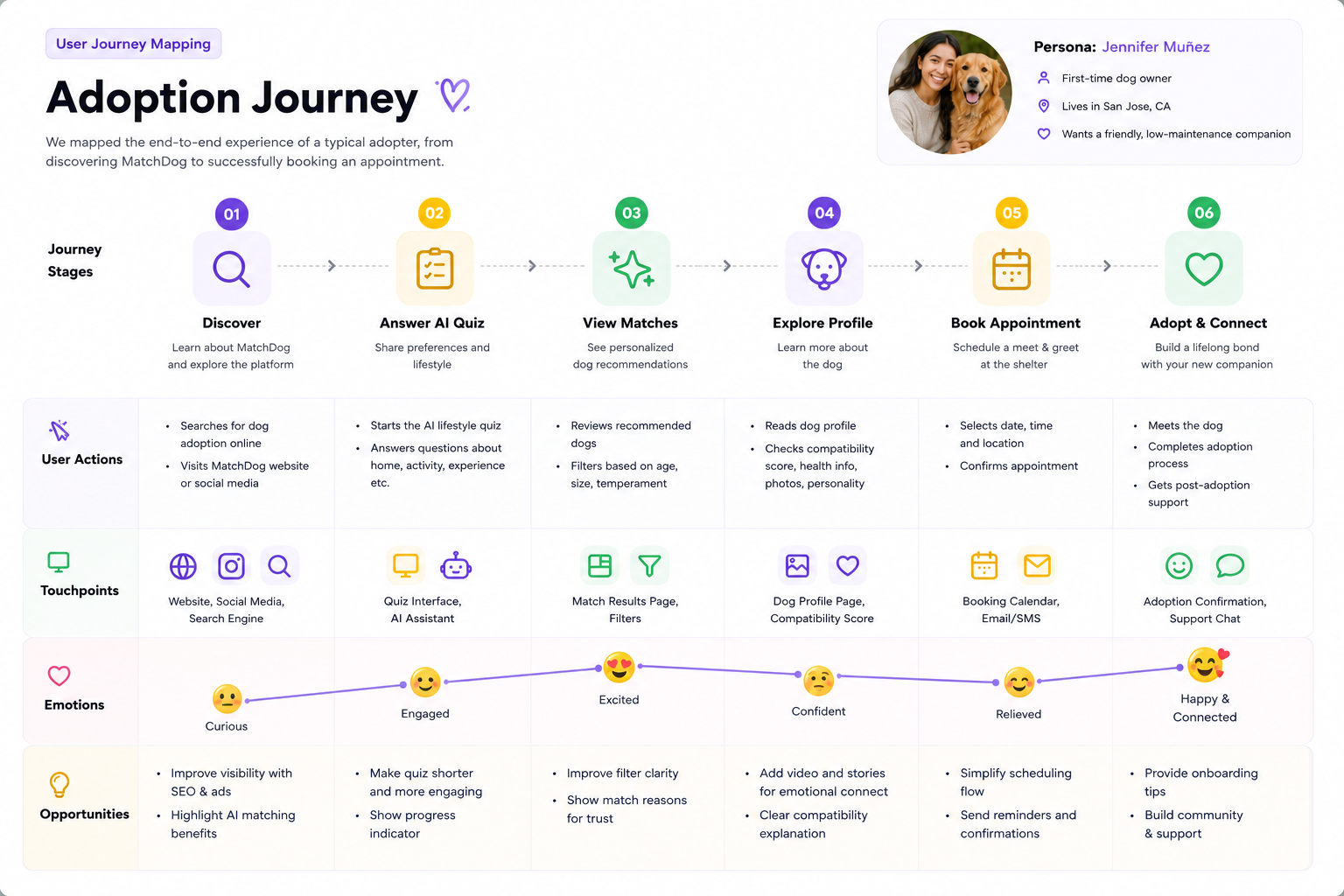 Adoption journey map across six stages with user actions, touchpoints, an emotional curve, and opportunities