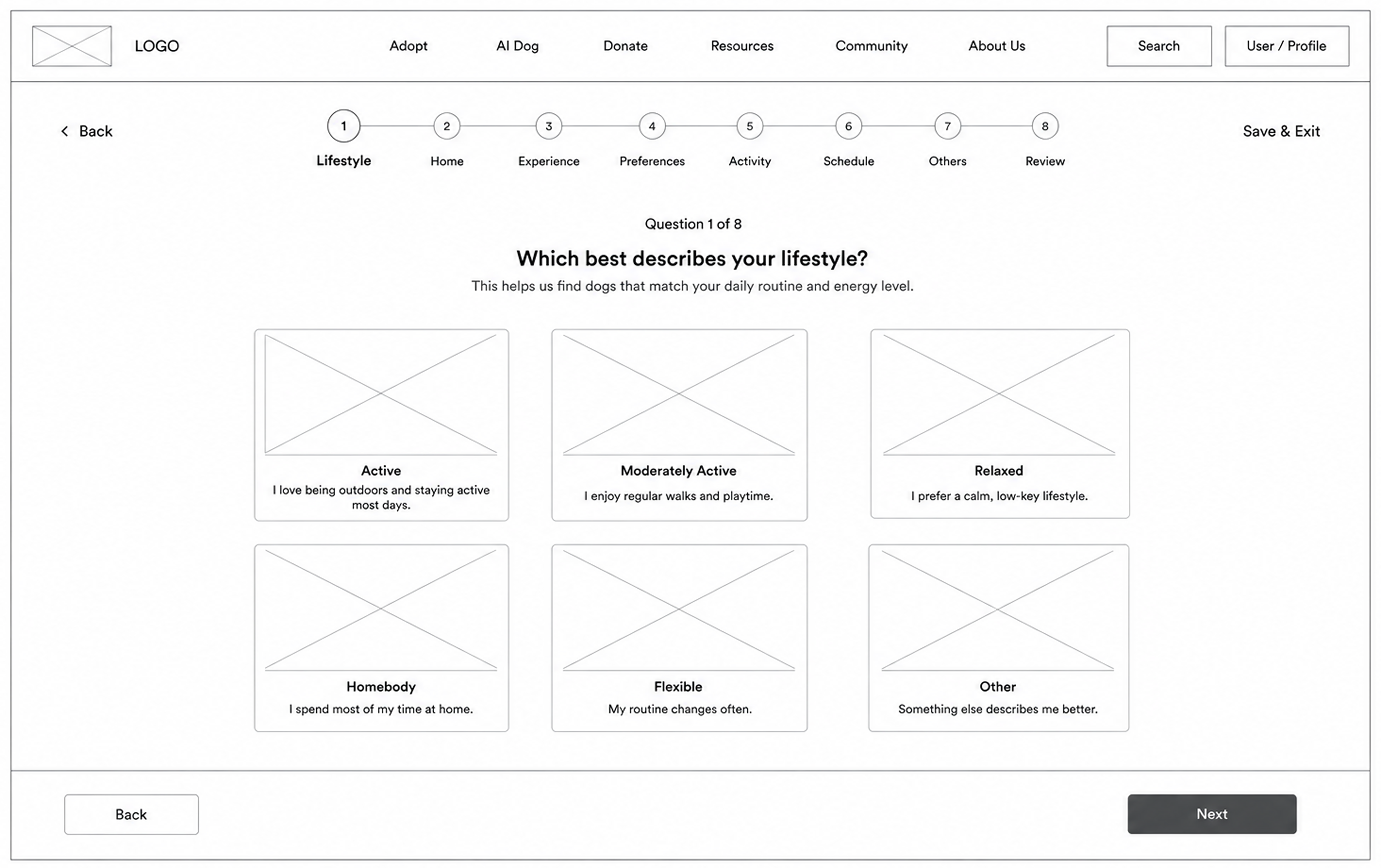 AI match quiz wireframe