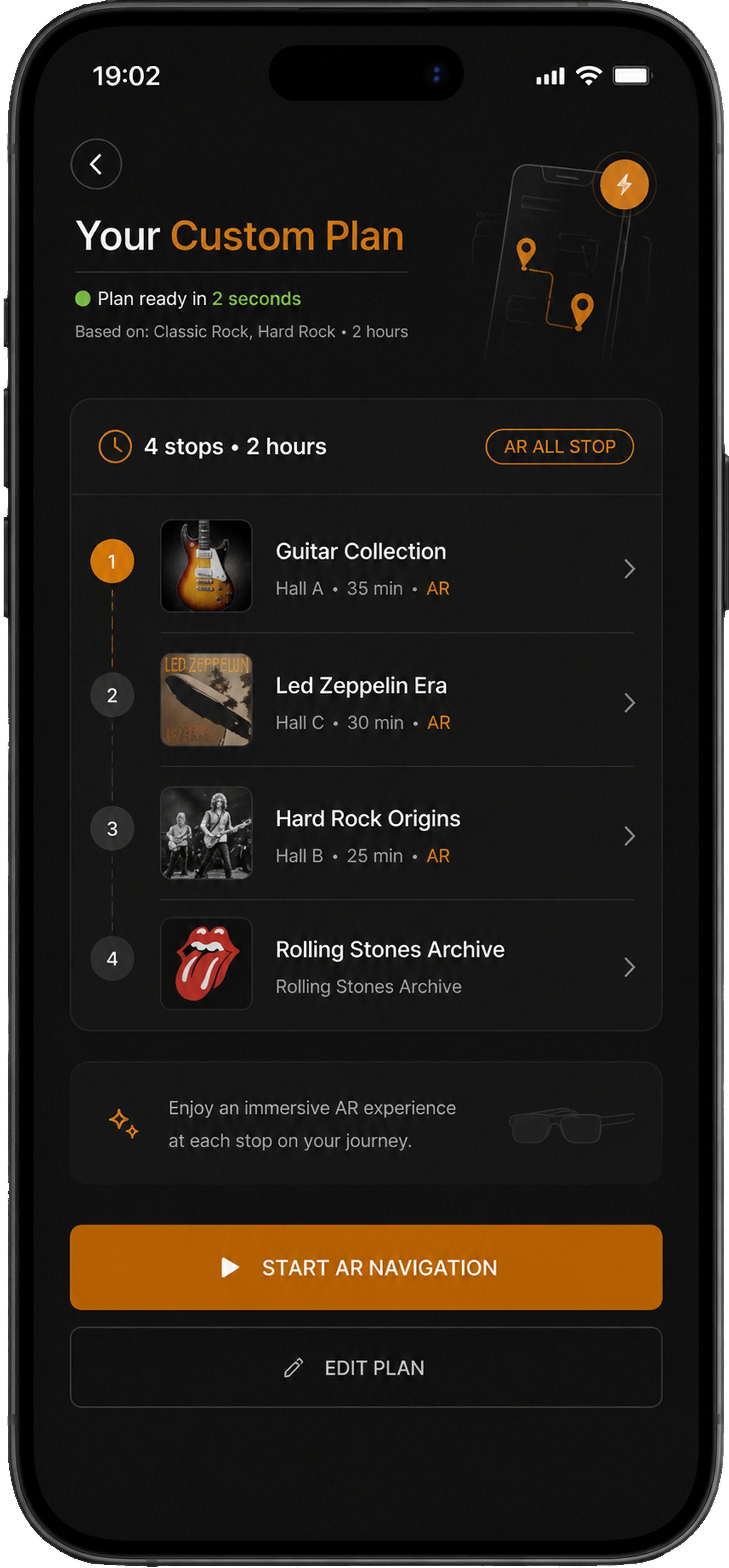RockX generated custom tour plan with ordered stops