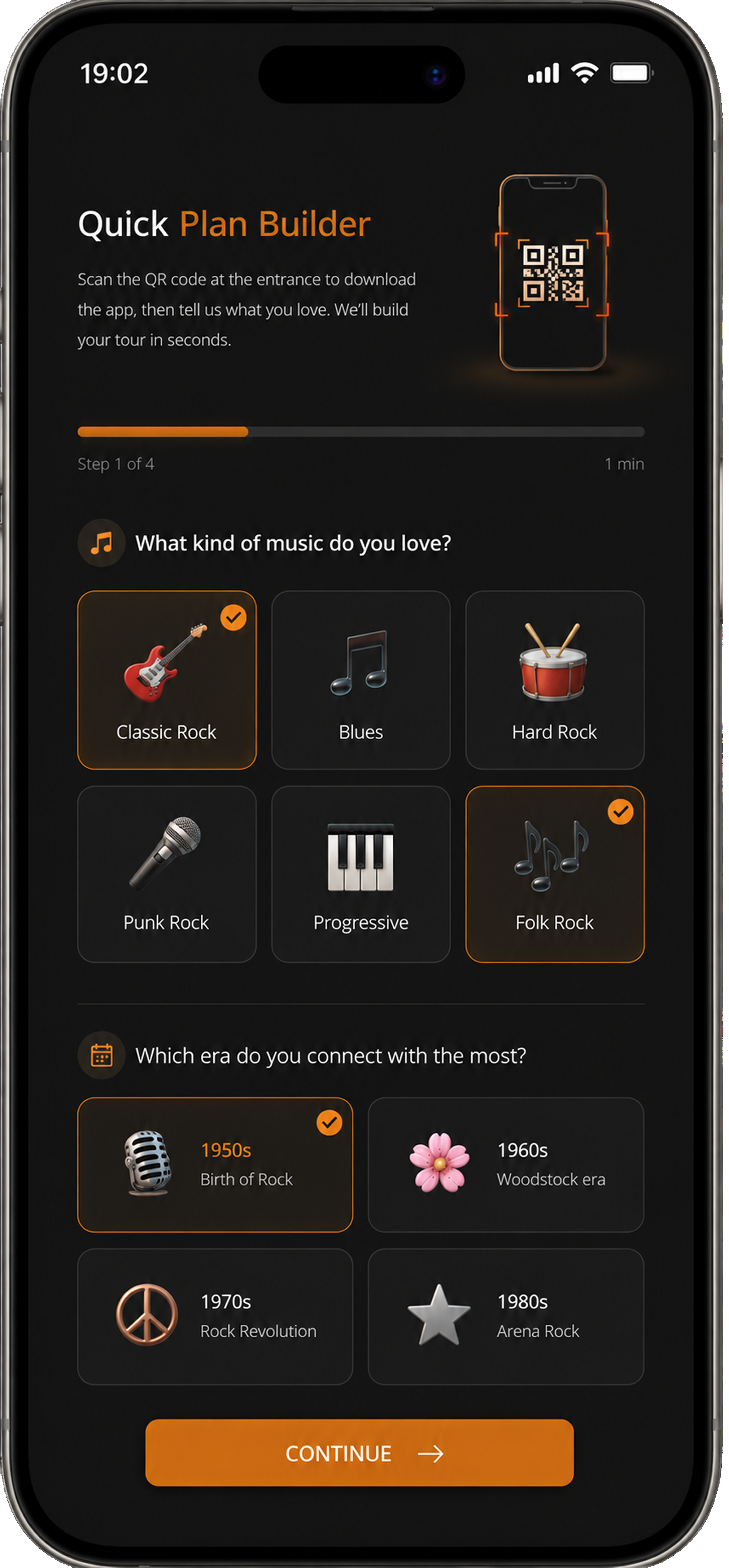 RockX Quick Plan Builder screen choosing music genres and eras