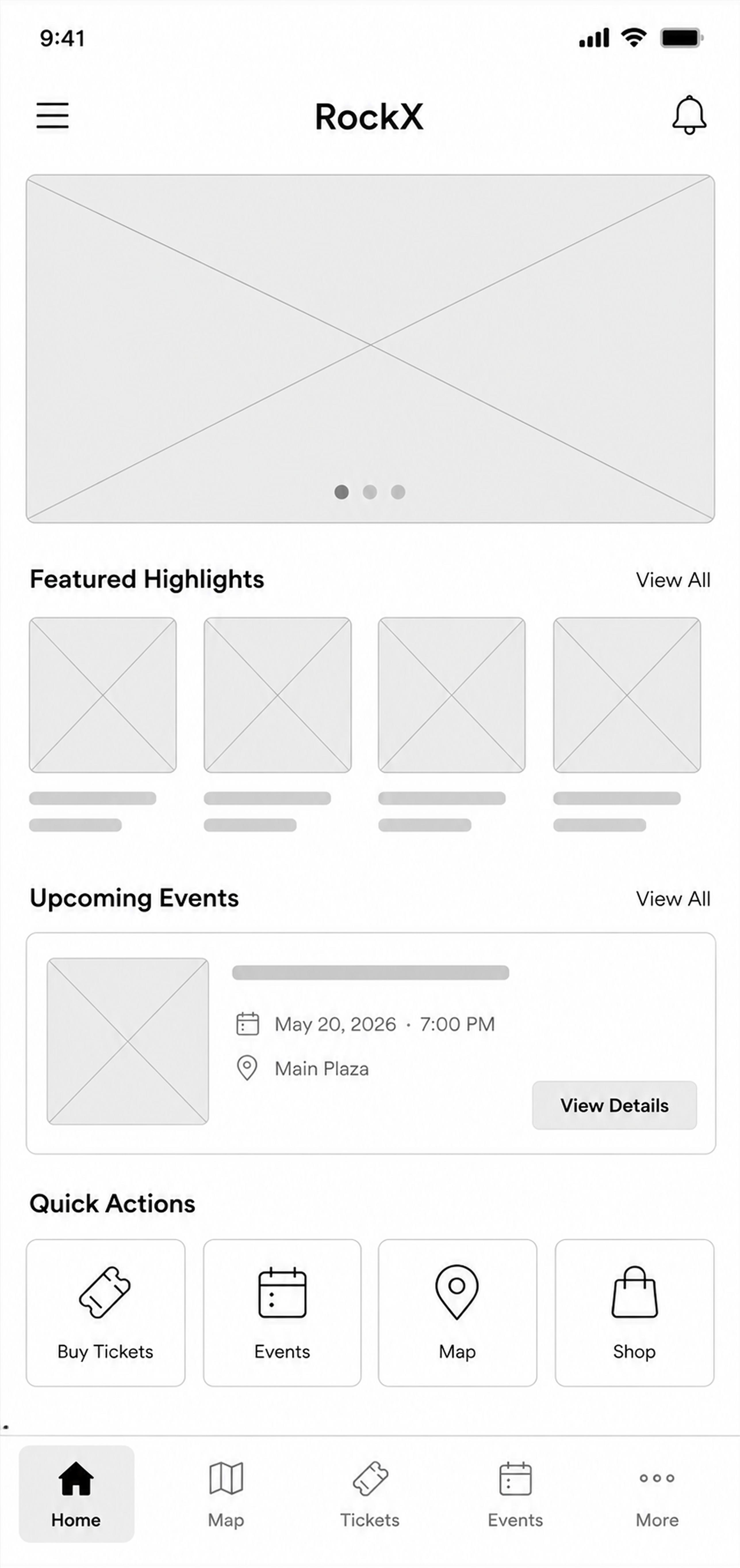 RockX home screen wireframe