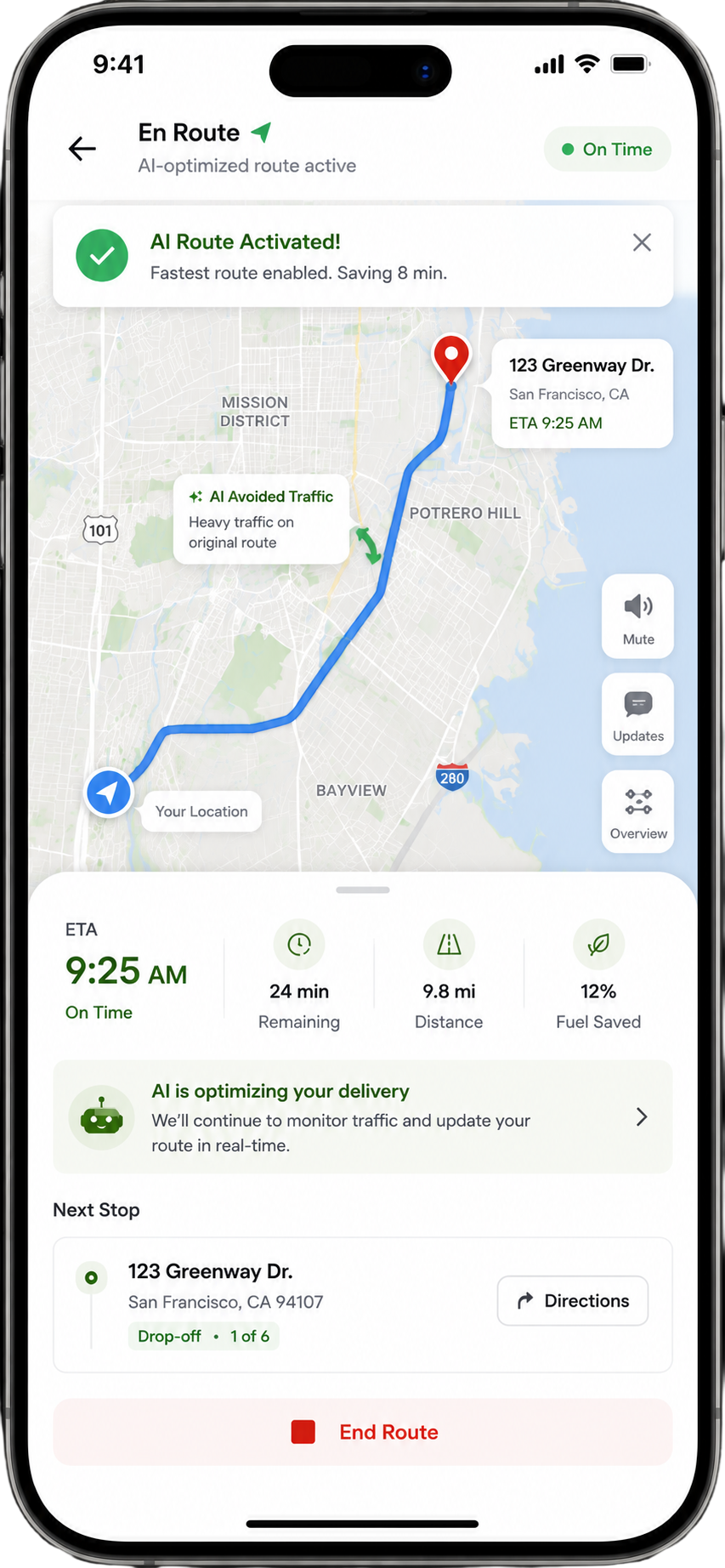 AI Reroute screen showing the recommended route in progress with live traffic and an on-time estimated arrival