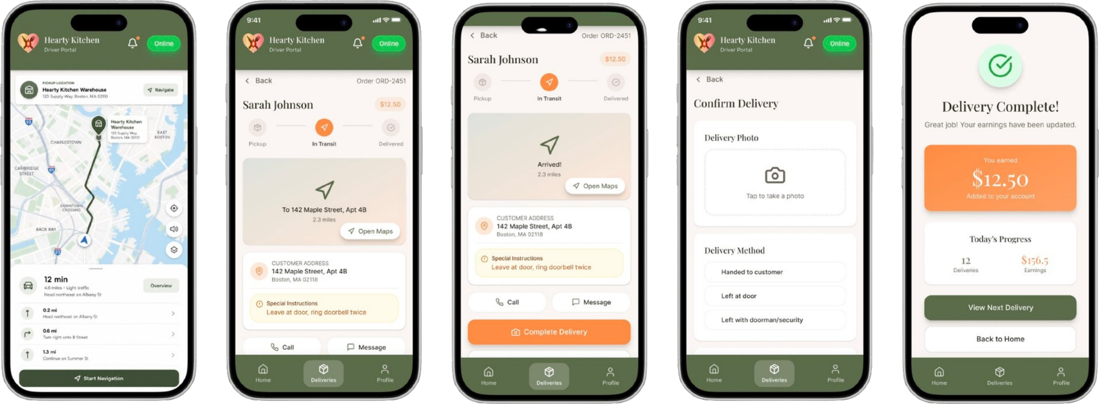 Active delivery and completion flow: navigation, in transit, arrived, confirm delivery, order complete