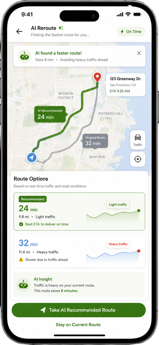 Hearty Kitchen driver app AI reroute screen