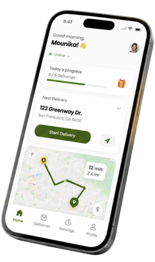Hearty Kitchen driver app on a phone