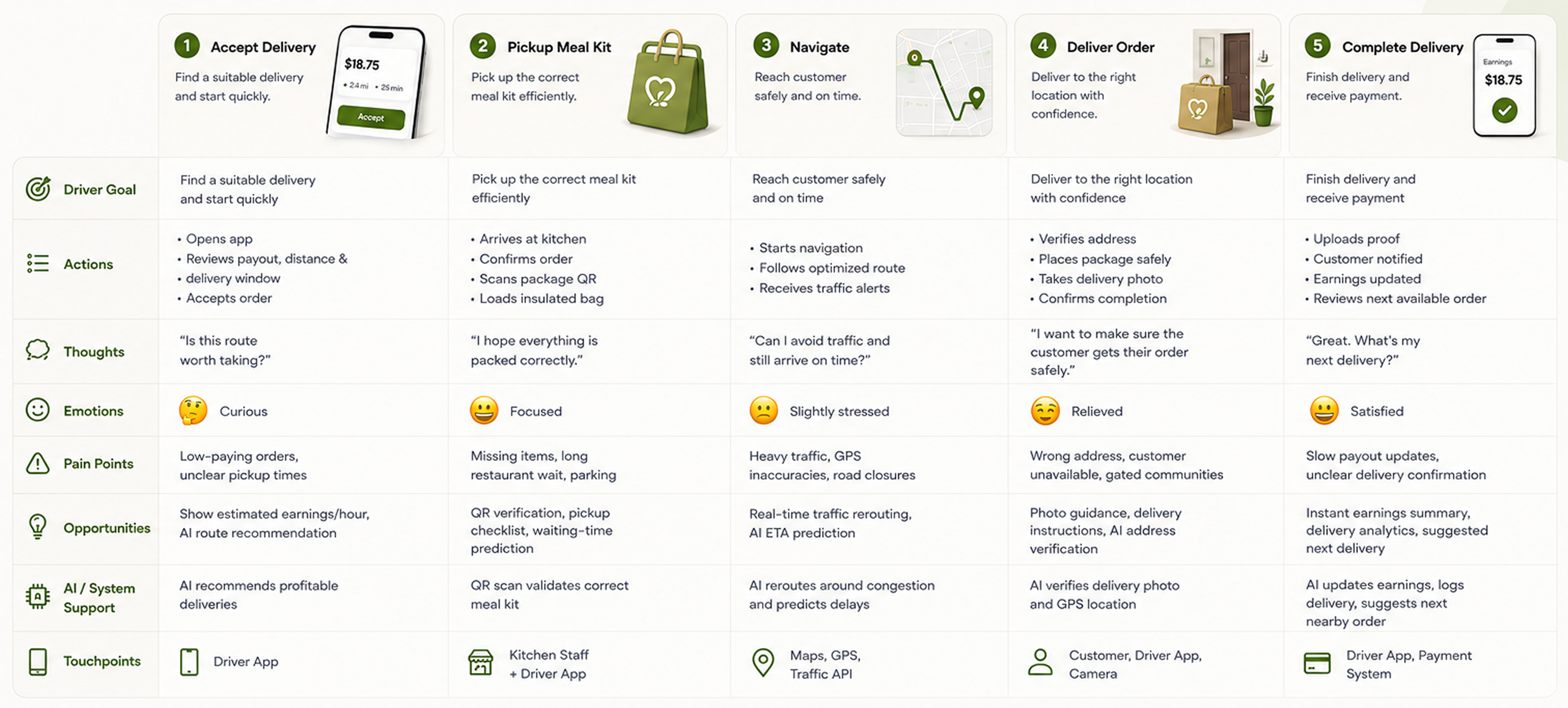 Hearty Kitchen driver journey map across five delivery stages with goals, actions, thoughts, emotions, pain points, opportunities, and touchpoints
