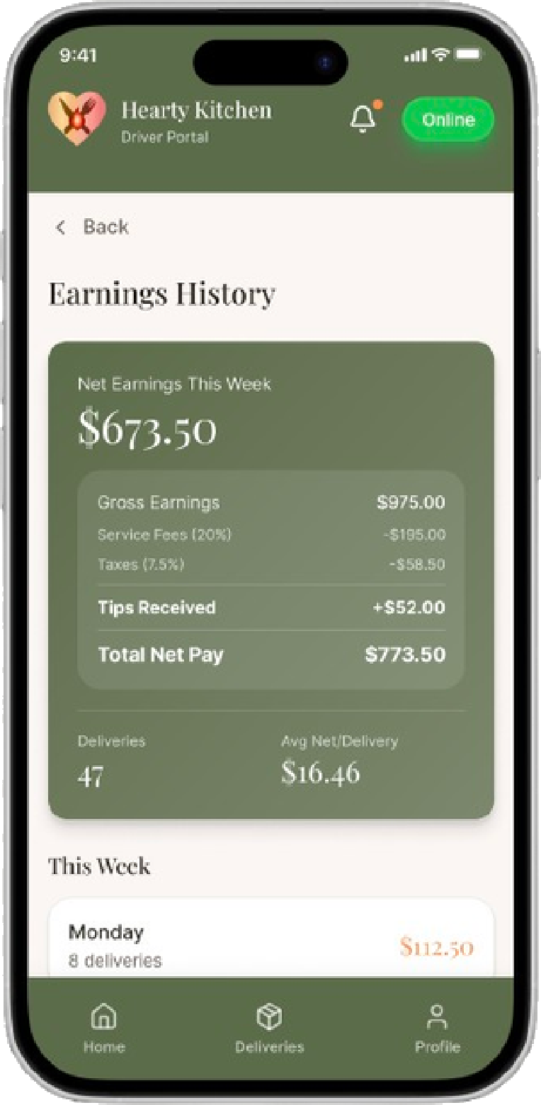 Earnings history screen breaking down net pay, gross earnings, fees, taxes, tips, and per-delivery averages