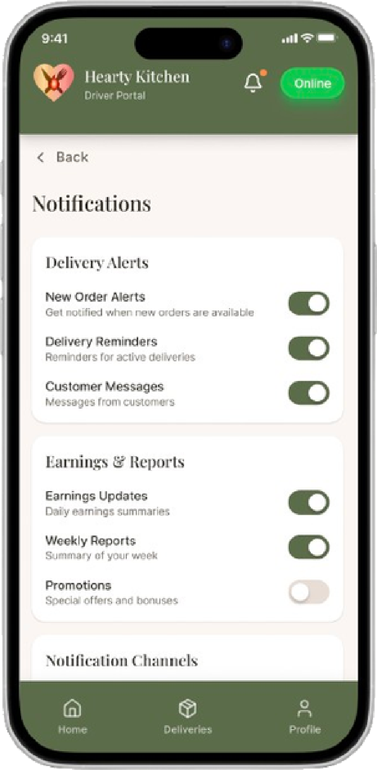 Notifications settings screen with toggles for delivery alerts, earnings reports, and promotions