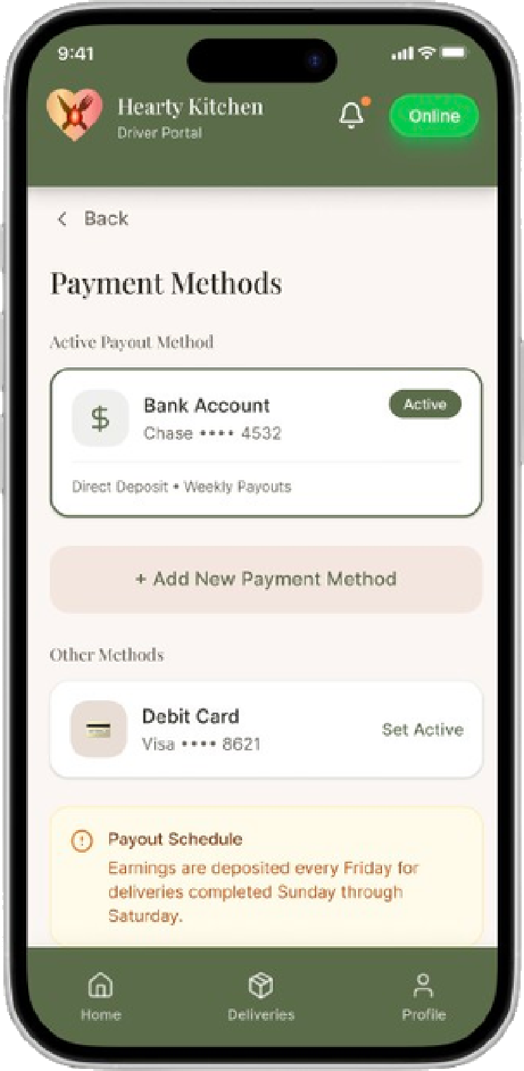 Payment methods screen showing the active bank payout, other methods, and the weekly payout schedule